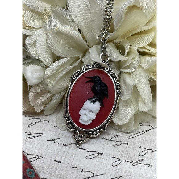 Silver Blk Red Gothic Crow Raven Rose Skull Wedding Party Jewelry necklace Cameo - Picture 5 of 13